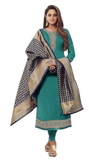 DRAVINAM Trends Women's Satin Georgette Unstitched Embroidered Chudidaar Salwar Suit dress Material with Heavy Pure Banarasi Meena Jacquard silk Dupatta (Free size_Blue and Firozee)