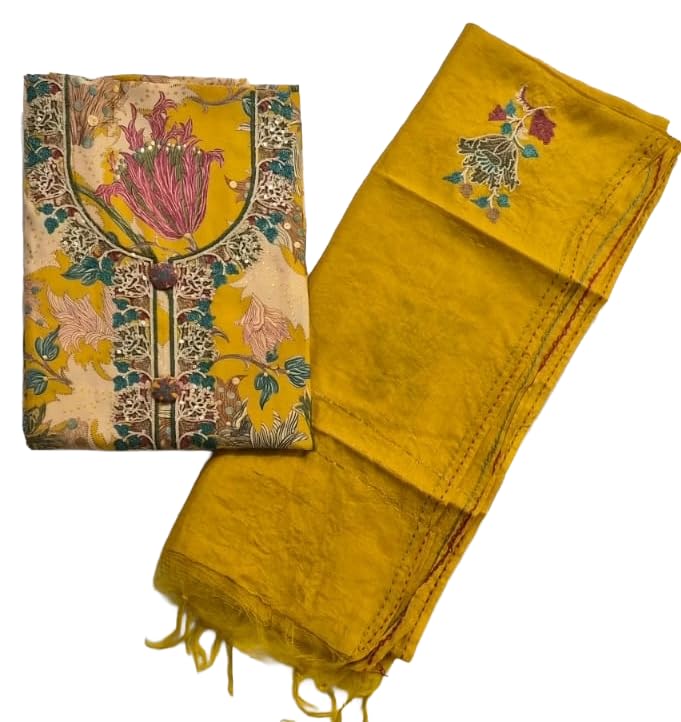 DRAVINAM Trends Women's Cotton Floral Printed Unstitched Suit Set with Embroidered Pin-Tuck Yoke & Soft Silk Dupatta