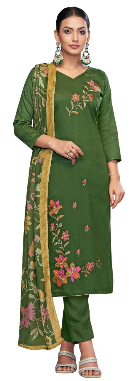 DRAVINAM Trends Women's Unstitched Salwar Suit Dress Material Pure Jam Embroidered Kameez Plain Unstitched Bottoms and Maslin Digital print Dupatta