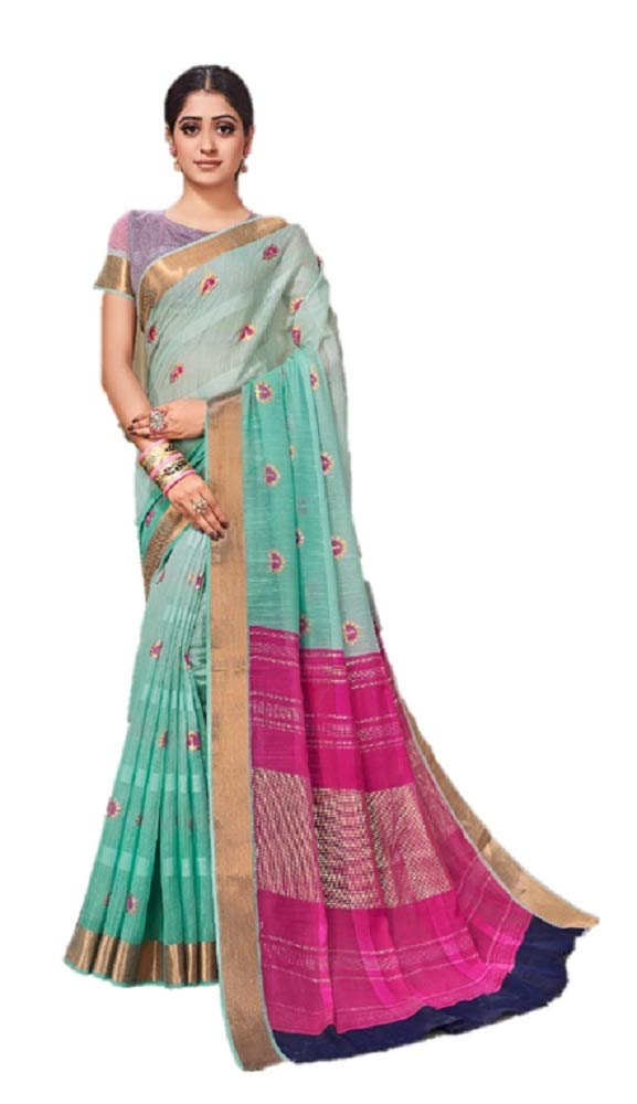 DRAVINAM Trends Women's Soft Blended Cotton Saree with Border and Buti (with Blouse Piece) (Sea Green and Pink)