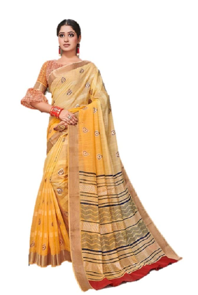 DRAVINAM Trends Women's Soft Blended Cotton Saree with Border and Buti (with Blouse Piece) (Sea Green and Pink)