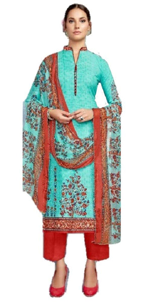 DRAVINAM Trends Women's Pure Cambric Cotton Printed Unstitched Salwar Suit Dress Material with Nazmin Dupatta- Free size, Sky Blue and Red