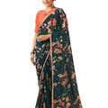 DRAVINAM Trends Women's Georgette Floral Printed saree with Lace and Solid Embroidered Raw Silk Blouse Piece (Blue and Peach)