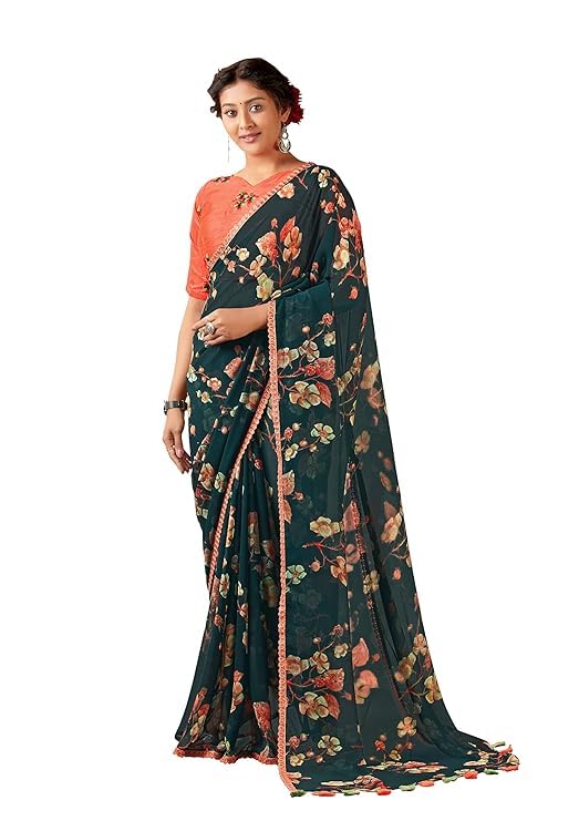 DRAVINAM Trends Women's Pure georgette Bandhani Print saree with Lace Borders and Solid Blouse Piece (Black)