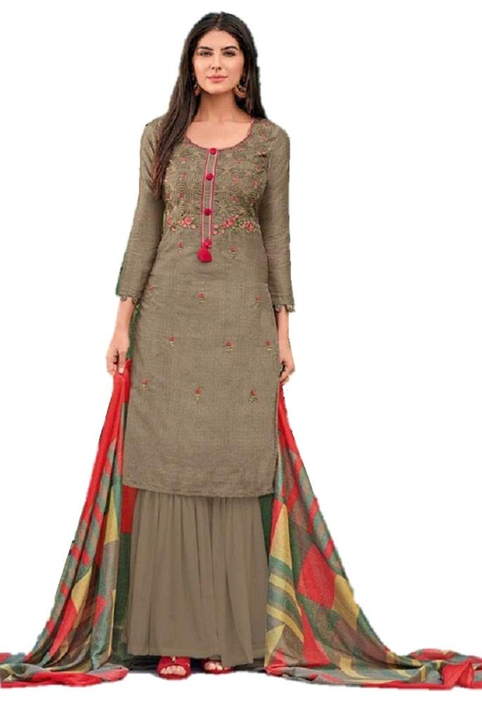 DRAVINAM Trends Women's Unstitched Pure Upada Silk embroidered Salwar Suit Dress Material with Chinon Dupatta (Free size_Grey)