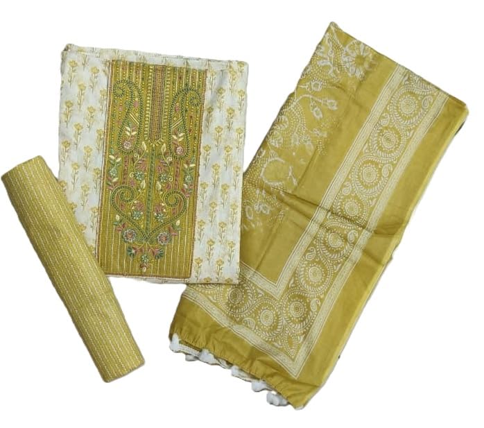 DRAVINAM Trends Women's Premium Cotton Jaipuri Printed Embroidered and Hand Work Unstitched Salwar Suit Dress Material with Mulmul Cotton Dupatta