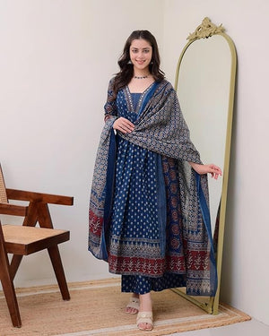 DRAVINAM Trends Women's Rayon Printed Anarkali Kurta and Pant with Dupatta Set