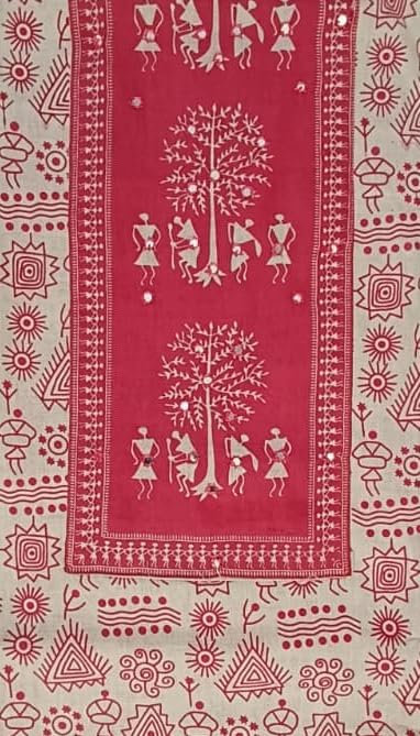 DRAVINAM Trends Women's Cambric Cotton Dress Material | Unstitch Warli Printed Suit Set with Cotton Dupatta