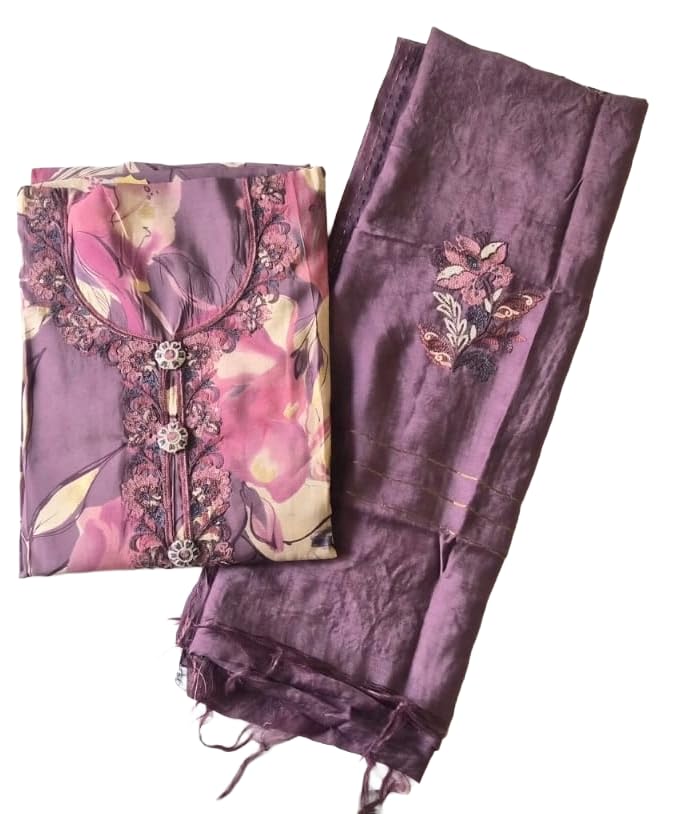 DRAVINAM Trends Women's Modal Floral Printed Unstitched Suit Set with Embroidered Neck Yoke, Malai Cotton Bottom & Soft Silk Dupatta