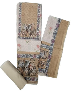 DRAVINAM Trends Digital Printed Aari Hand Work Pure Linen Dress Material | Unstitched Suit Set with Rayon Bottoms & Linen Dupatta for Women