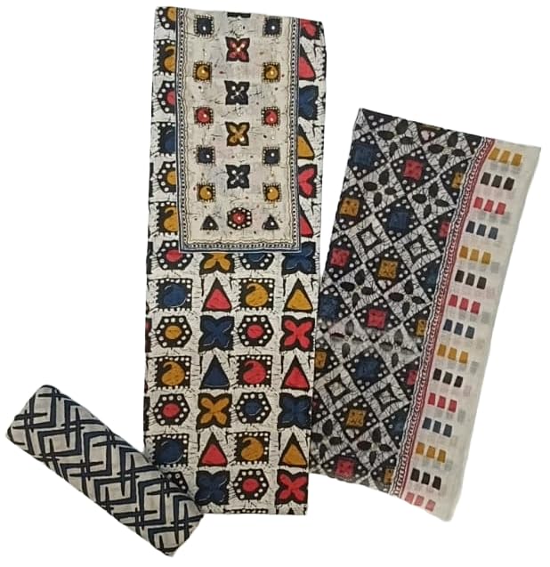 DRAVINAM Trends Women's Unstitched Cambric Cotton Dress Material Salwar Suit Set with Dupatta | Geometric Batik Print & Embellished Neckline (Multicolor)