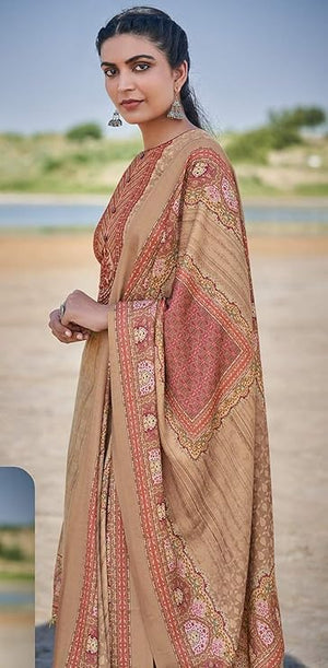 DRAVINAM Trends Women's Unstitched Winter Wear Woollen Pashmina Embroidered Salwar Suit Dress Material with Pashmina Printed Shawl Dupatta (Free size_Beige)