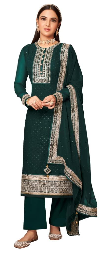 DRAVINAM Trends Women’s Pure Georgette Unstitched Salwar Suit Fabric Dress Material with Heavy Zari Embroidery and Swaroski work and Heavy embroidered Dupatta (Green)