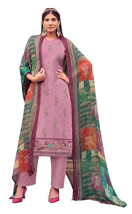 DRAVINAM Trends Unstitched Printed Mirror Work Cotton Salwar Suits Dress Material with Chiffon Dupatta (Green)