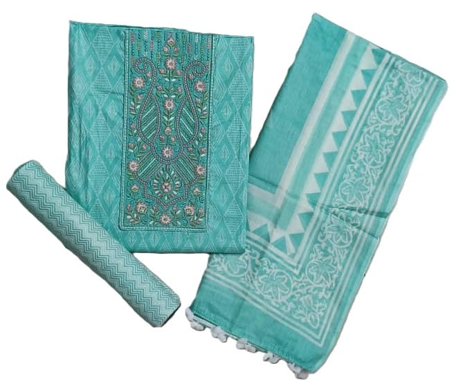 DRAVINAM Trends Women's Premium Cotton Jaipuri Printed Embroidered and Hand Work Unstitched Salwar Suit Dress Material with Mulmul Cotton Dupatta