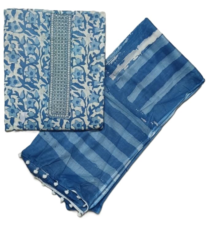 DRAVINAM Trends Women's Printed Embroidered and Hand Work Premium Cotton Jaipuri Unstitched Salwar Suit Dress Material with Mulmul Cotton Dupatta