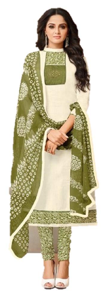 DRAVINAM Trends Women's Unstitched Printed Patch Work Cotton Salwar Suit Dress Material with Chiffon Printed Dupatta (Off White)