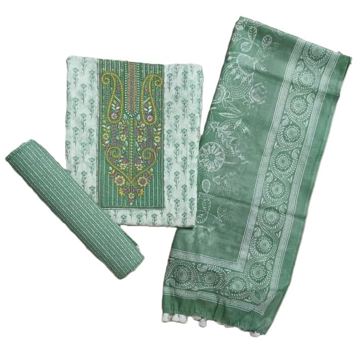 DRAVINAM Trends Women's Premium Cotton Jaipuri Printed Embroidered and Hand Work Unstitched Salwar Suit Dress Material with Mulmul Cotton Dupatta