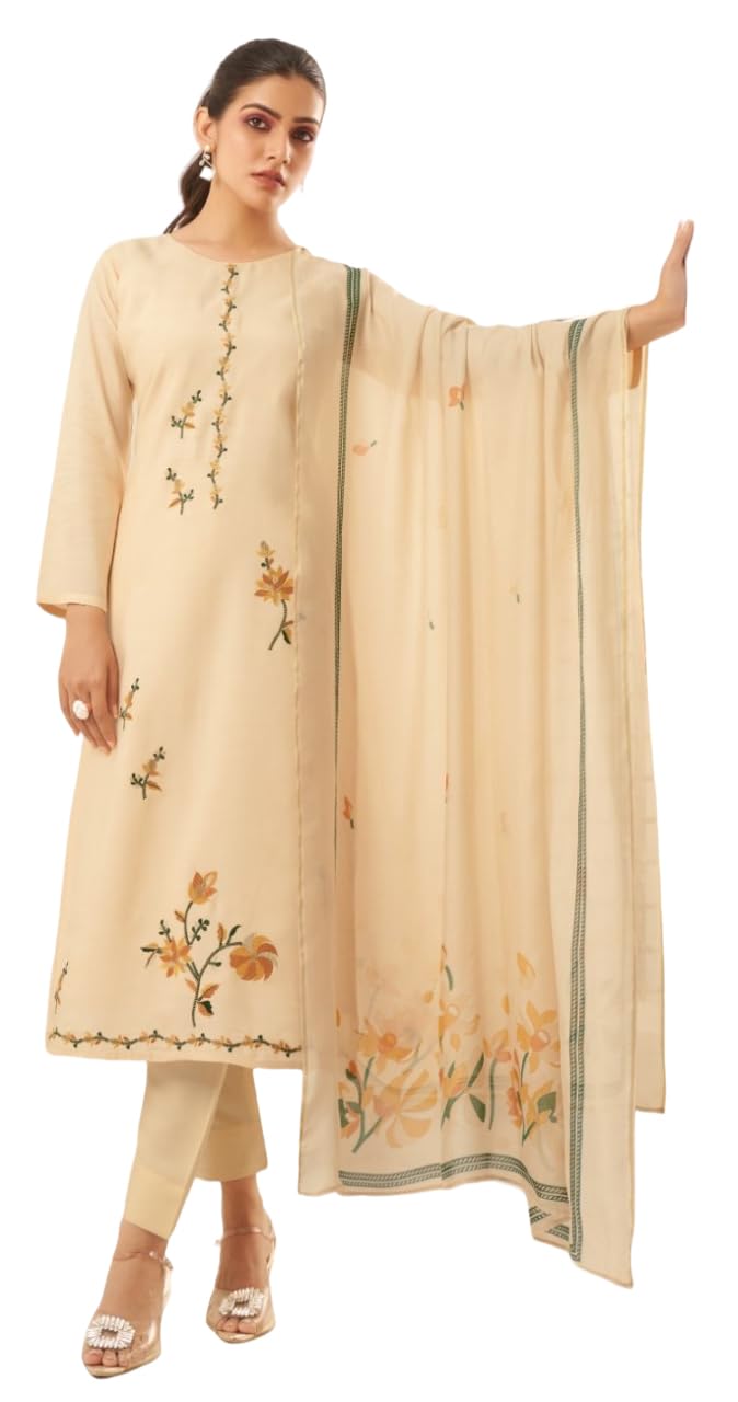 DRAVINAM Trends Women's Premium Maslin Unstitch Suit Dress Material: Zari Embroidery Top Fabric, Heavy Maslin Bottom & Dupatta