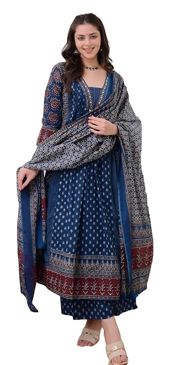DRAVINAM Trends Women's Rayon Printed Anarkali Kurta and Pant with Dupatta Set