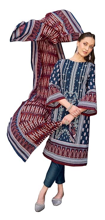 DRAVINAM Trends Unstitched Karachi Lawn Cotton Pakistani Digital Printed Embroidered Suit Dress Material with Unstitched Bottoms and Cotton Dupatta