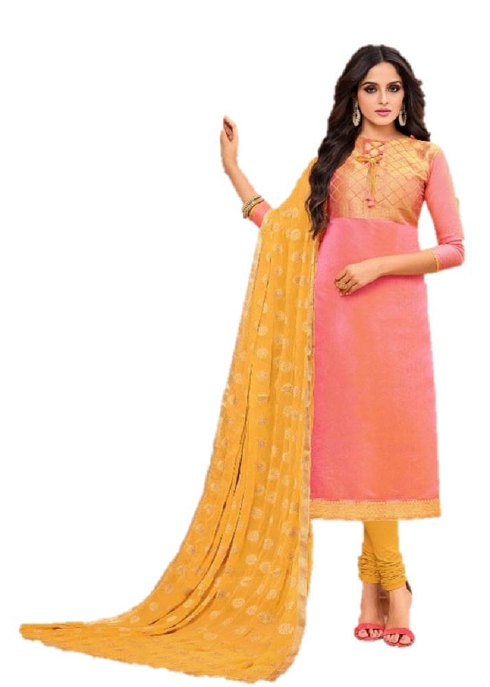 DRAVINAM Trends Women's Unstitched Banarasi Woven Salwar Suit Dress Material with Nazmin Jacquard Dupatta (Free Size_Pink)