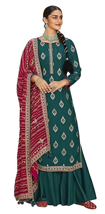 DRAVINAM Trends Women's Swaroski work Pure Dola Banarasi Silk Unstitched Salwar Suit Dress Material with Pure Chinon heavy embroidered Dupatta (Blue)