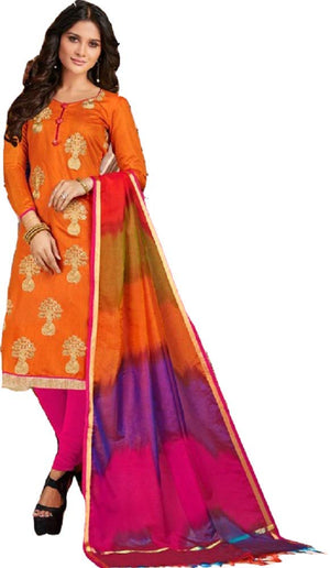 DRAVINAM Trends Women's Unstitched Modal Silk Embroidered Salwar Suit Dress Material with Banarasi Tie and Dye Dupatta (Free Size) (Yellow)