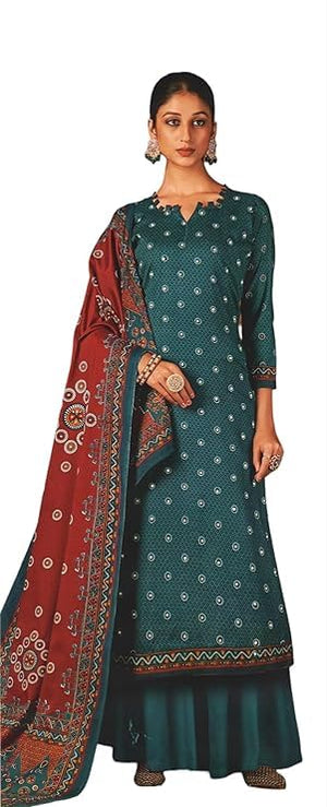 DRAVINAM Trends Women's Unstitched Kaani Print Mirror Work Spun Pashmina Winter wear Dress Material Fabric for Salwar Suit with printed spun pashmina Kashmiri shawl dupatta (Blue)