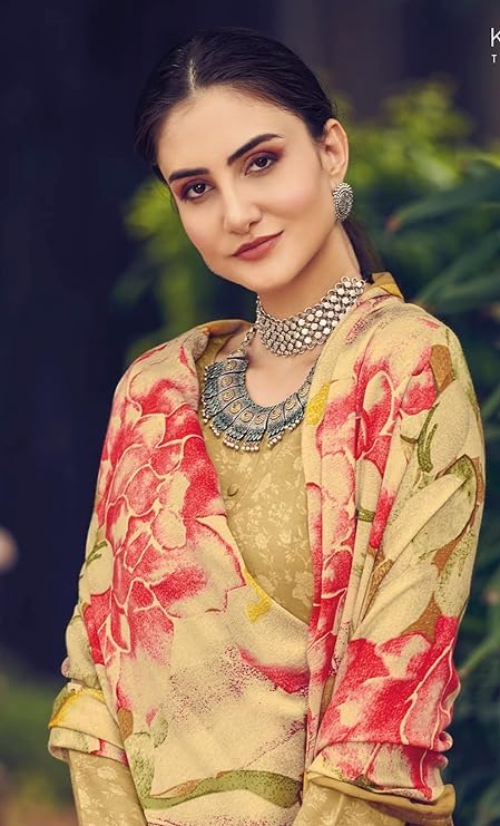 DRAVINAM Trends Women's Unstitched Printed Embroidered Woollen Pashmina Winter wear Salwar Suit Dress Material with Digital Printed Shawl Dupatta (Beige)