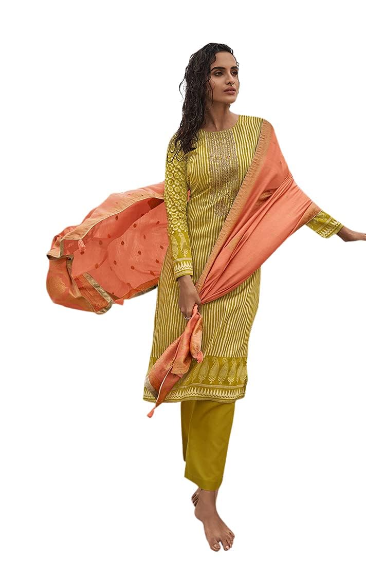 DRAVINAM Trends Women's winter wear pure pashmina woollen embroidered dress material with woven silk jacquard dupatta (Yellow and Peach)