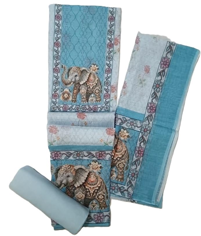 DRAVINAM Trends Digital Printed Aari Hand Work Pure Linen Dress Material | Unstitched Suit Set with Rayon Bottoms & Linen Dupatta for Women