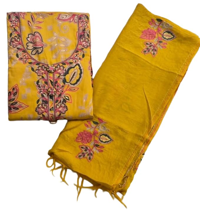 DRAVINAM Trends Women's Modal Floral Printed Unstitched Suit Set with Embroidered Neck Yoke, Malai Cotton Bottom & Soft Silk Dupatta