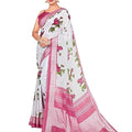 DRAVINAM Trends Women's Plain Weave Jute Linen Printed Border Saree with Blouse Piece (White and Pink)