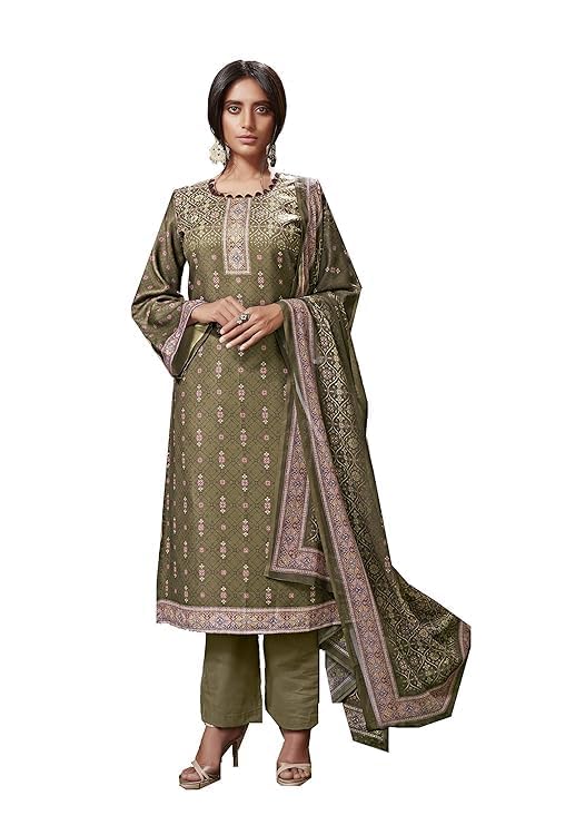 DRAVINAM Trends Women's Swaroski Work Digital Printed Pashmina Salwar Suit Dress Material with Pure Bemberg Dupatta (Mehandi Green)
