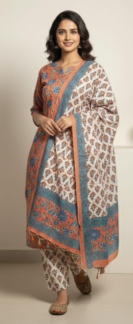 DRAVINAM Trends Jaipuri Print Cambric Cotton Unstitched Salwar Suit Dress Material for Women with Mulmul Cotton Dupatta