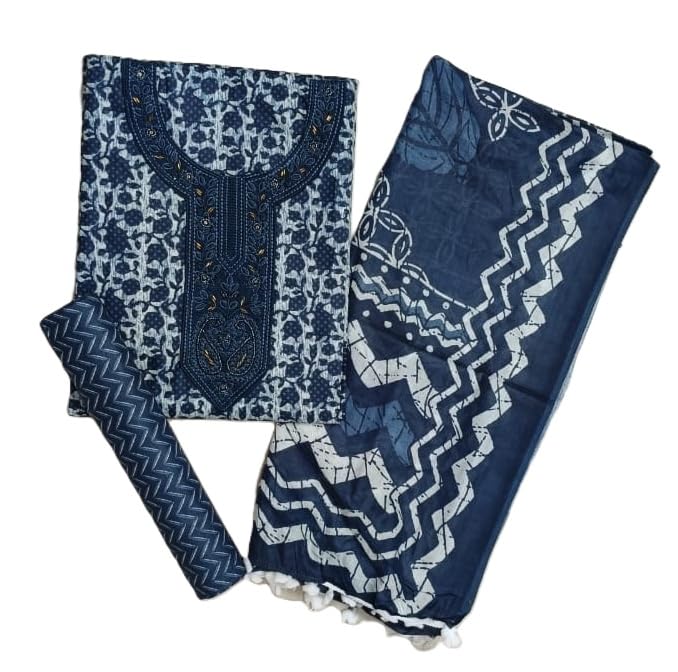 DRAVINAM Trends Women's Printed Embroidered and Hand Work Premium Cotton Jaipuri Unstitched Salwar Suit Dress Material with Mulmul Cotton Dupatta
