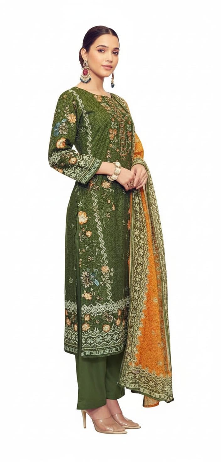 DRAVINAM Trends Unstitched Pakistani Print Embroidered Cotton Suit Dress Materials with Printed Cotton Dupatta