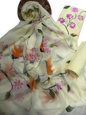 DRAVINAM Trends Women's White Unstitched Dress Material | Hand-Painted Yellow Rose Floral Print Suit with Sheer Chiffon Dupatta