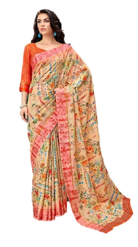 DRAVINAM Trends Women's Linen Cotton Printed Saree with Self Printed Blouse Piece (Light Orange)