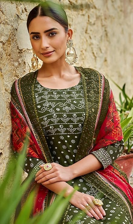 DRAVINAM Trends Women's Unstitched Salwar Suit Dress Material - Pure Cotton Print with Mirror Work Kameez | Plain Bottom |Chiffon Print Dupatta