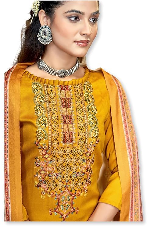 DRAVINAM Trends Women's Unstitched Winter Wear Woollen Pashmina Embroidered Salwar Suit Dress Material with Pashmina Printed Shawl Dupatta