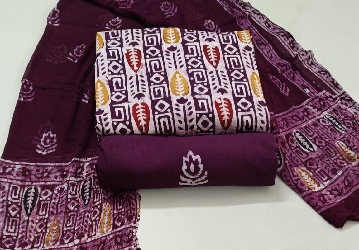 DRAVINAM Trends Unstitched Jaipuri Handmade Wax Batik Print Premium Cotton Dress Material with Pure Chiffon Dupatta