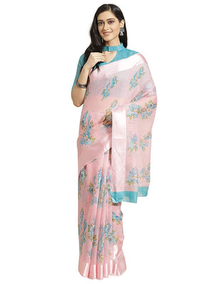 DRAVINAM Trends Women's Woven Kota Linen Printed Saree with Blouse Piece (Light Brown_SareeSRZ_11)