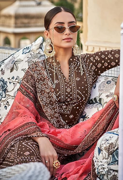 DRAVINAM Trends Women's Unstitched Salwar Suit Dress Material - Pure Cotton Print with Mirror Work Kameez | Plain Bottom |Chiffon Print Dupatta