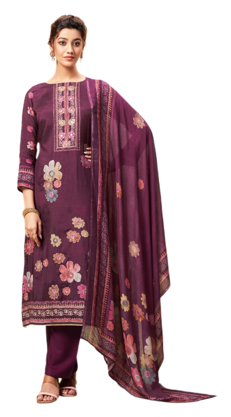 DRAVINAM Trends Unstitch Premium Viscose Bemberg Maslin Suit Dress Material II Pure Maslin Top Fabric with Aari work & Swaroski Detailing I Viscose Rayon Bottom I Digital Printed Maslin Dupatta