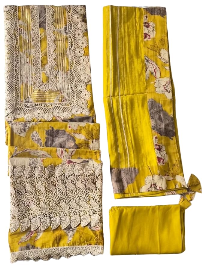 DRAVINAM Trends Unstitched Floral Print Premium Cotton Suit Dress Material with Gota and Lace work for Women with Soft Silk Embellished Dupatta