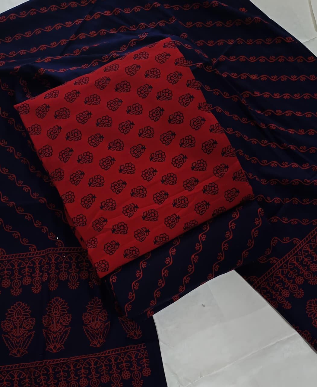 DRAVINAM Trends Women's Premium Cotton Unstitched Salwar Suit Dress Material Set | Traditional Rajasthani Gujari Block Print (Red & Mustard Yellow)