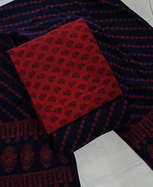 DRAVINAM Trends Women's Premium Cotton Unstitched Salwar Suit Dress Material Set | Traditional Rajasthani Gujari Block Print (Red & Mustard Yellow)