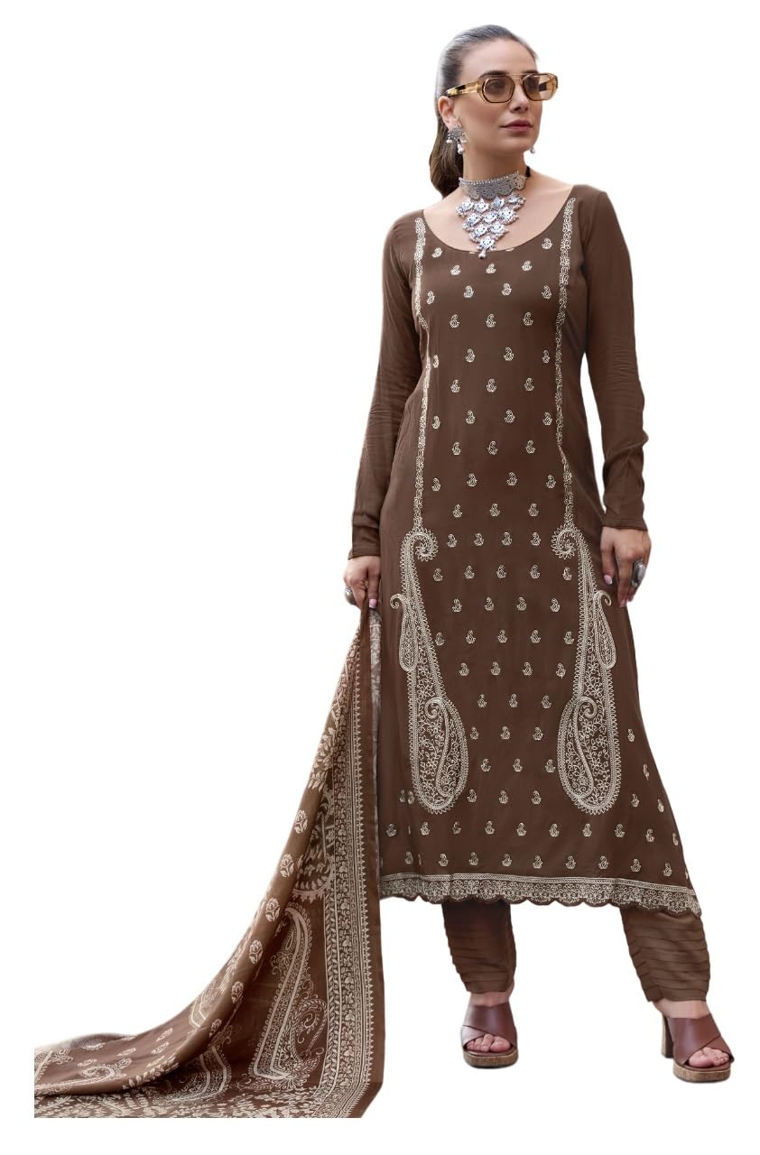 Unstitch Kashmiri Embroidered Winter Wear Salwar suit Dupatta Set – 2.5 m Viscose Wool Kameez with Premium Embroidery, 2.7 m Solid Viscose Bottom Fabric & 2.25 m Digital Print Silk Wool Dupatta